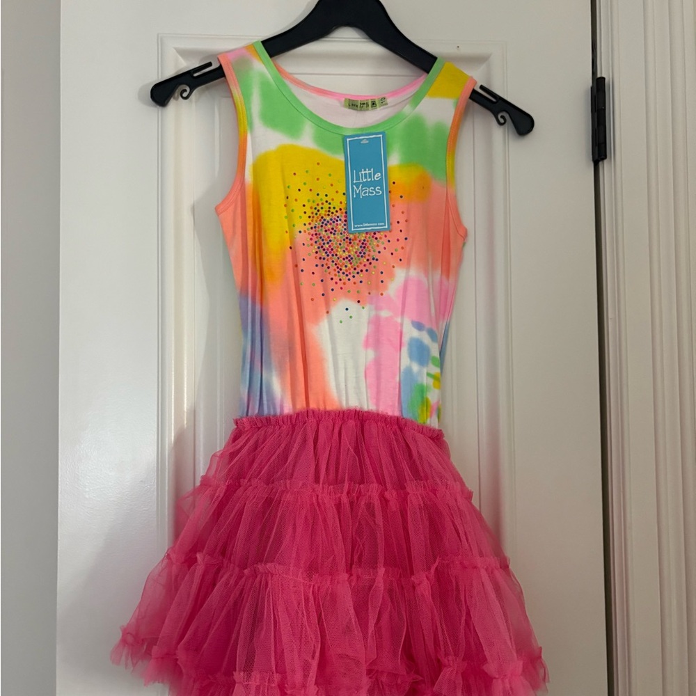 Little Mass Neon Tie-Dye Tank Dress with Hot Pink Tulle Skirt